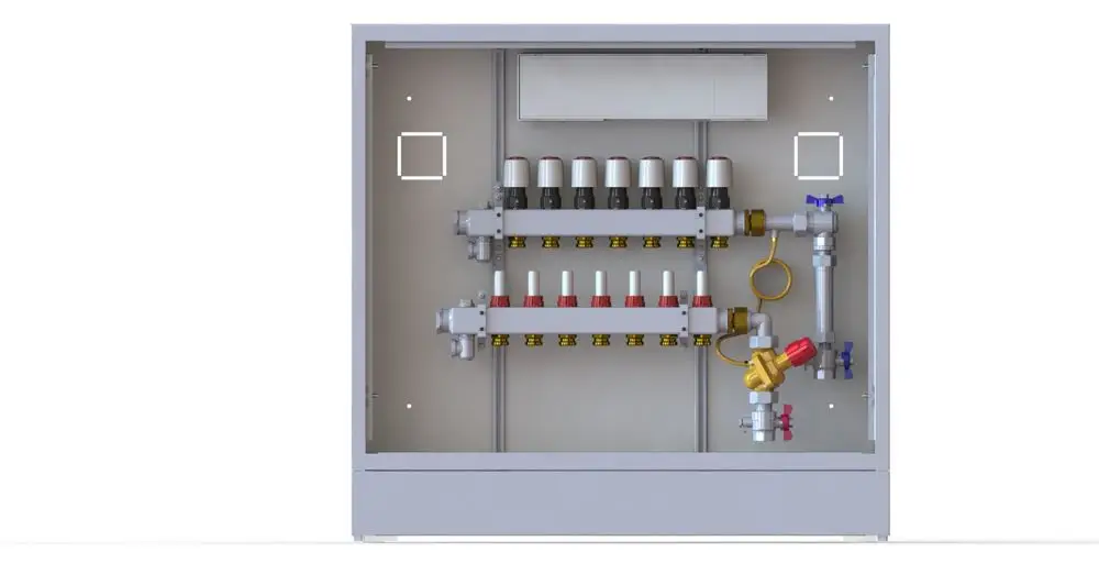 Danfoss Heizkreisverteilung mit mehreren Ventilen und Rohrleitungen, montiert in einem Gehäuse zur Regelung von Heizsystemen.